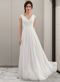 Ximena A-Line V-neck Floor-Length Chiffon Lace Wedding Dress With Ruffle STKP0013729