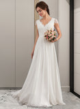 Ximena A-Line V-neck Floor-Length Chiffon Lace Wedding Dress With Ruffle STKP0013729