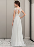 Ximena A-Line V-neck Floor-Length Chiffon Lace Wedding Dress With Ruffle STKP0013729