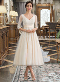 Amina Ball-Gown/Princess V-neck Tea-Length Tulle Wedding Dress STKP0013731