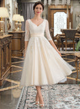 Amina Ball-Gown/Princess V-neck Tea-Length Tulle Wedding Dress STKP0013731