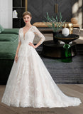 Saige Ball-Gown/Princess V-neck Chapel Train Tulle Wedding Dress STKP0013735