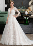 Saige Ball-Gown/Princess V-neck Chapel Train Tulle Wedding Dress STKP0013735