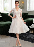 Lindsey A-Line V-neck Knee-Length Tulle Wedding Dress With Bow(s) STKP0013737