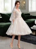 Lindsey A-Line V-neck Knee-Length Tulle Wedding Dress With Bow(s) STKP0013737