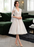 Lindsey A-Line V-neck Knee-Length Tulle Wedding Dress With Bow(s) STKP0013737