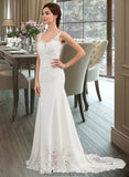 Genevieve Trumpet/Mermaid V-neck Court Train Lace Stretch Crepe Wedding Dress With Sequins STKP0013738