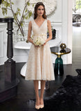 Juliana A-Line V-neck Knee-Length Lace Wedding Dress With Bow(s) STKP0013739