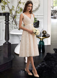 Juliana A-Line V-neck Knee-Length Lace Wedding Dress With Bow(s) STKP0013739