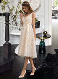 Juliana A-Line V-neck Knee-Length Lace Wedding Dress With Bow(s) STKP0013739