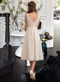 Juliana A-Line V-neck Knee-Length Lace Wedding Dress With Bow(s) STKP0013739