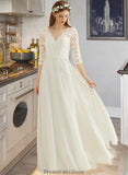 Dayami A-Line V-neck Floor-Length Chiffon Lace Wedding Dress STKP0013745