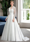 Kayleigh Ball-Gown/Princess V-neck Court Train Satin Wedding Dress With Bow(s) STKP0013746