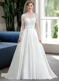 Kayleigh Ball-Gown/Princess V-neck Court Train Satin Wedding Dress With Bow(s) STKP0013746