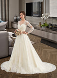 Cindy Ball-Gown/Princess Illusion Court Train Tulle Lace Wedding Dress STKP0013750