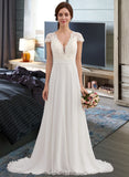 Ellen A-Line V-neck Sweep Train Chiffon Wedding Dress With Ruffle STKP0013761