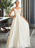 Abigayle Ball-Gown/Princess V-neck Sweep Train Satin Lace Wedding Dress With Lace Beading Sequins Pockets STKP0013771