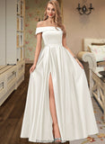 Jamiya Ball-Gown/Princess Off-the-Shoulder Floor-Length Satin Wedding Dress With Split Front Pockets STKP0013774