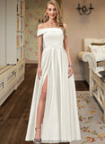 Jamiya Ball-Gown/Princess Off-the-Shoulder Floor-Length Satin Wedding Dress With Split Front Pockets STKP0013774