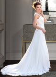 Elsie A-Line V-neck Court Train Chiffon Wedding Dress With Lace Beading Sequins STKP0013776