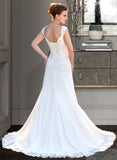 Elsie A-Line V-neck Court Train Chiffon Wedding Dress With Lace Beading Sequins STKP0013776