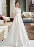 Jordyn Ball-Gown/Princess Scoop Neck Court Train Satin Wedding Dress With Beading Sequins Pockets STKP0013777