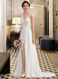 Valentina A-Line V-neck Sweep Train Chiffon Wedding Dress With Split Front STKP0013782