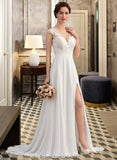 Valentina A-Line V-neck Sweep Train Chiffon Wedding Dress With Split Front STKP0013782