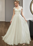 Mya A-Line V-neck Floor-Length Wedding Dress With Lace Beading Sequins STKP0013784