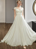 Mya A-Line V-neck Floor-Length Wedding Dress With Lace Beading Sequins STKP0013784