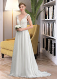 Laila A-Line V-neck Sweep Train Chiffon Wedding Dress With Beading Sequins STKP0013792