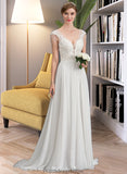 Laila A-Line V-neck Sweep Train Chiffon Wedding Dress With Beading Sequins STKP0013792