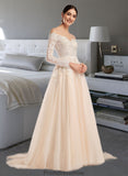 Hayden Ball-Gown/Princess Illusion Chapel Train Wedding Dress With Sequins STKP0013798