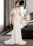 Madilyn Trumpet/Mermaid V-neck Chapel Train Wedding Dress With Beading Sequins STKP0013802