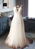 Amber A-Line V-neck Sweep Train Tulle Wedding Dress STKP0013812