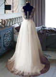 Amber A-Line V-neck Sweep Train Tulle Wedding Dress STKP0013812