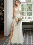 Araceli A-Line V-neck Floor-Length Wedding Dress With Lace Split Front STKP0013815