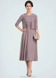 Tatum A-Line Scoop Neck Tea-Length Chiffon Mother of the Bride Dress With Ruffle STK126P0014679