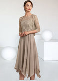 Sherlyn A-Line Scoop Neck Tea-Length Chiffon Lace Mother of the Bride Dress With Bow(s) STK126P0014681