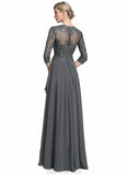 Xiomara A-Line V-neck Floor-Length Chiffon Lace Mother of the Bride Dress With Beading Sequins Cascading Ruffles STK126P0014756