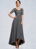 Zoie A-Line V-neck Asymmetrical Chiffon Lace Mother of the Bride Dress STK126P0014772