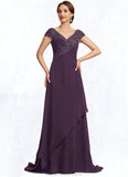 Vicky A-Line V-neck Sweep Train Chiffon Lace Mother of the Bride Dress With Ruffle Beading STK126P0014824