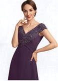 Vicky A-Line V-neck Sweep Train Chiffon Lace Mother of the Bride Dress With Ruffle Beading STK126P0014824