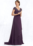 Vicky A-Line V-neck Sweep Train Chiffon Lace Mother of the Bride Dress With Ruffle Beading STK126P0014824