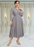 Taryn A-Line V-neck Tea-Length Stretch Crepe Mother of the Bride Dress STK126P0014844