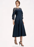 Skylar A-Line Scoop Neck Tea-Length Chiffon Lace Mother of the Bride Dress With Beading Cascading Ruffles STK126P0014952