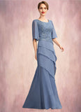 Virginia A-Line Scoop Neck Floor-Length Chiffon Lace Mother of the Bride Dress With Sequins Cascading Ruffles STK126P0014997