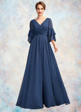 Yasmin A-Line V-neck Floor-Length Chiffon Mother of the Bride Dress With Cascading Ruffles STK126P0015003