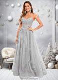 Moira Ball-Gown/Princess V-Neck Floor-Length Tulle Prom Dresses With Sequins Appliques Lace STKP0025837