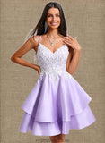 Sierra A-line V-Neck Short Satin Homecoming Dress With Appliques Lace STKP0025696